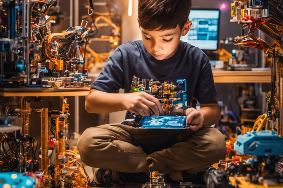 An image showcasing a pre-teen engrossed in building a complex robot, surrounded by a variety of colorful STEM toys like coding kits, electronic circuit boards, and 3D printers, symbolizing the limitless possibilities of exploration and innovation