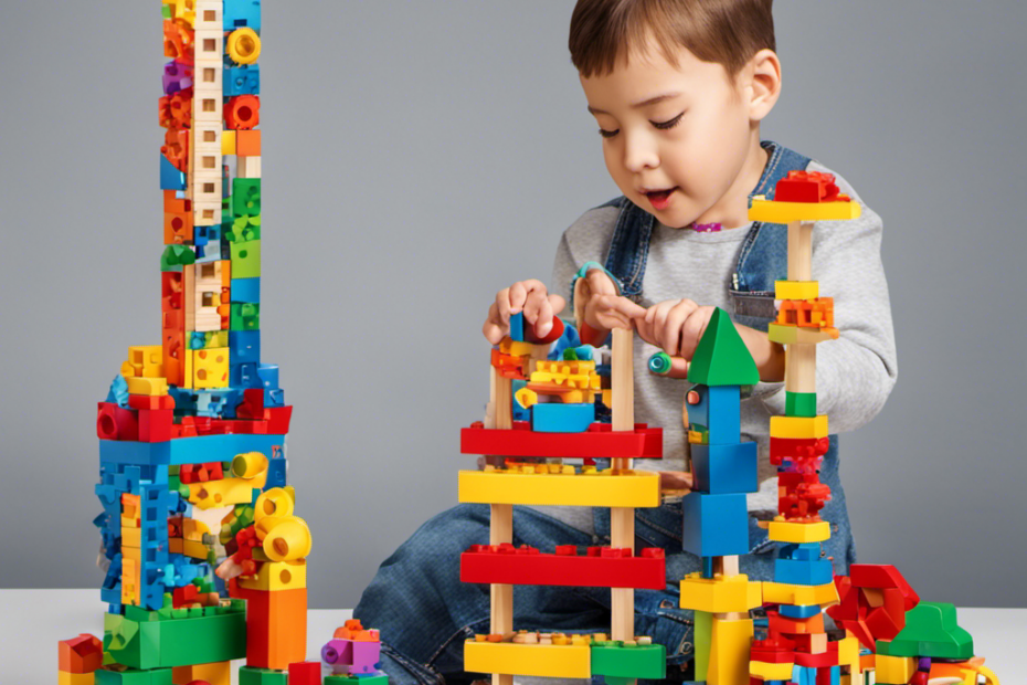 An image showcasing a preschooler enthusiastically engrossed in building a towering structure with colorful building blocks, surrounded by a variety of STEM toys like a magnifying glass, gears, and a mini microscope, sparking their curiosity and unleashing their creativity