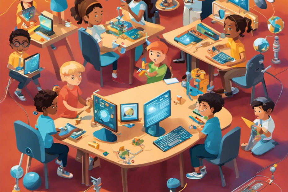 An image showcasing a diverse group of children enthusiastically engaged with STEM toys, surrounded by futuristic gadgets, scientific instruments, and computer screens displaying complex coding and engineering projects