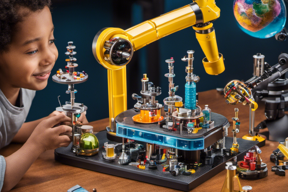 An image showcasing a vibrant assortment of STEM toys, including a robotic arm assembling a miniature vehicle, a chemistry set bubbling with colorful reactions, a telescope exploring the night sky, and a microscope revealing intricate details of a specimen