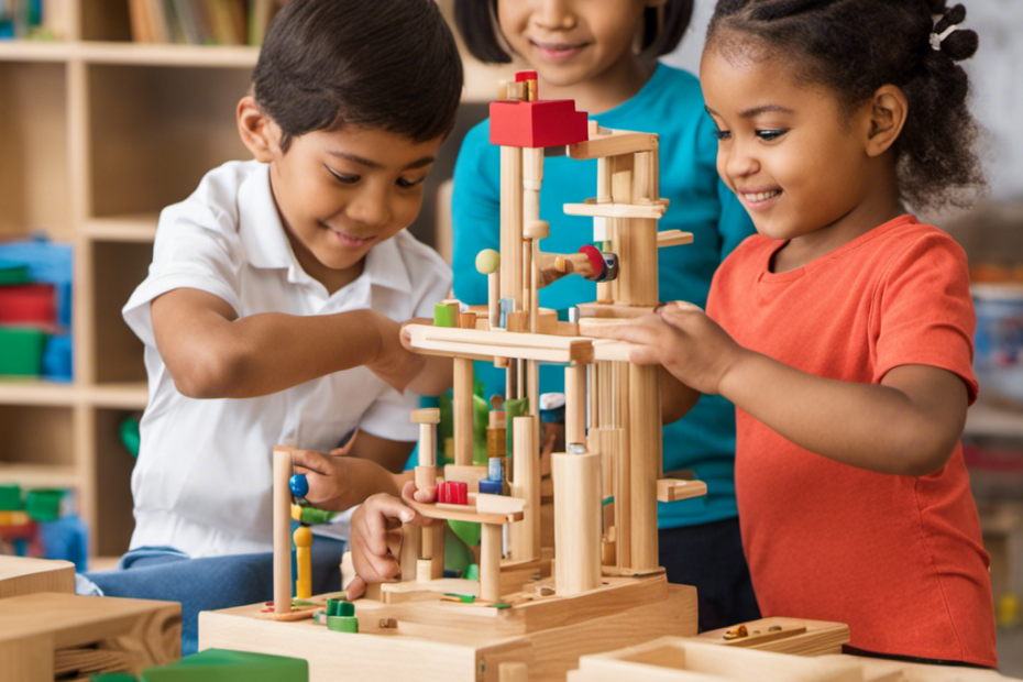 An image showcasing a diverse group of young children engaged in hands-on exploration, using STEM toys and Montessori materials