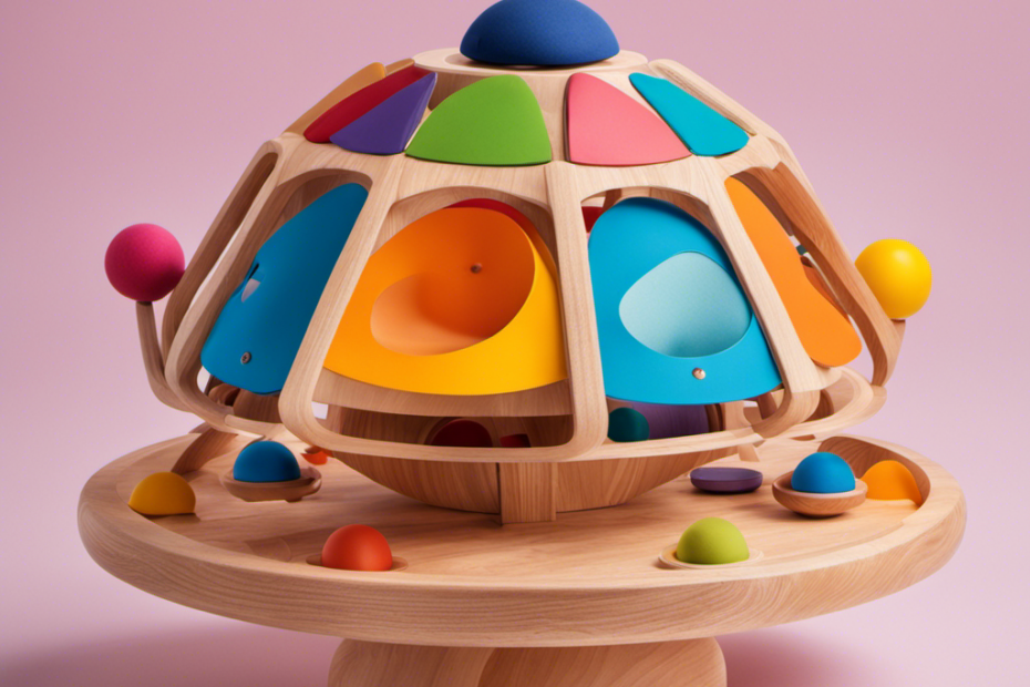 An image showcasing the KaPing Montessori UFO toy surrounded by a vibrant array of colors, with soft, textured materials inviting touch, and dangling objects emitting gentle sounds, all designed to captivate a baby's senses