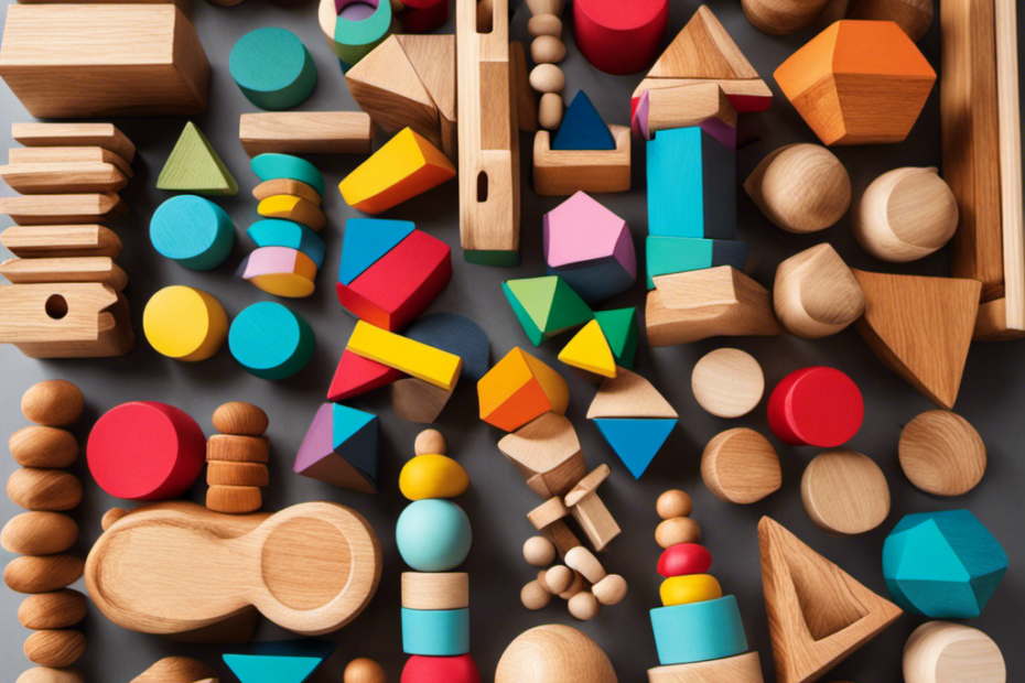 An image showcasing a beautifully designed wooden stacking toy with vibrant, eye-catching colors