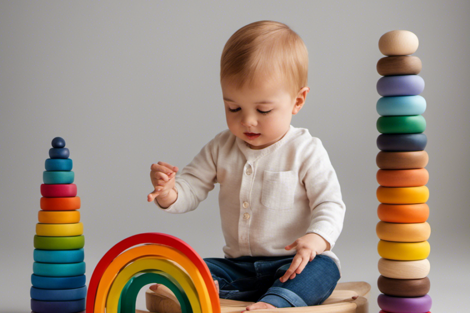 An image showcasing a two-year-old happily engaged in open-ended play with a wooden rainbow stacker, a silk scarf for imaginative play, and a set of natural wooden blocks arranged in a whimsical structure