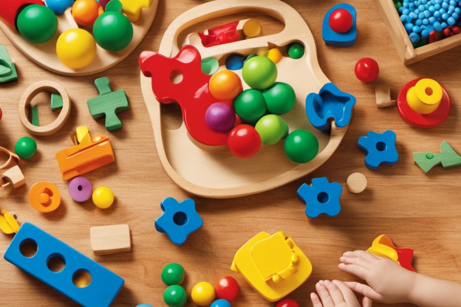 An image depicting a colorful, inviting table adorned with a variety of educational toys, such as puzzles, building blocks, and counting beads, surrounded by happy preschoolers engaged in hands-on learning activities
