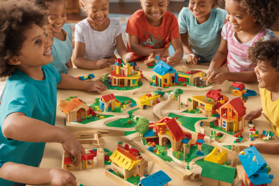 An image showcasing a vibrant tabletop scene filled with children joyfully engaged in collaborative play and learning