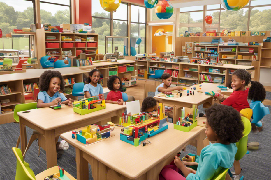 An image showcasing a vibrant classroom environment filled with engaged students, diverse in age and ethnicity, eagerly experimenting with hands-on STEM toys and tools, all branded with Target's logo subtly displayed