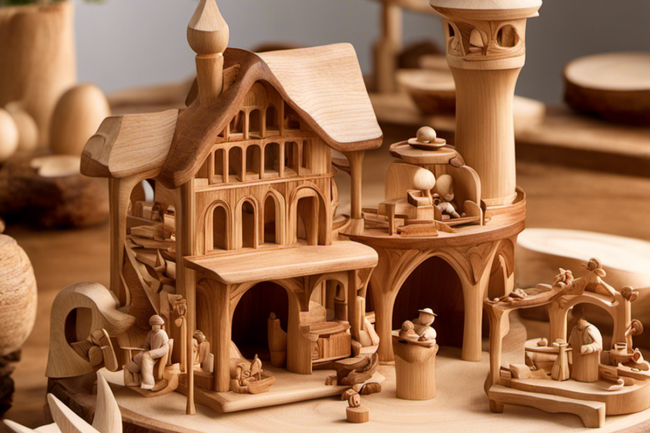 An image showcasing the intricate process of carving Waldorf wood toys: an artisan's skilled hands delicately shaping smooth curves, wood shavings gently curling, vibrant natural dyes enhancing the grain, and the final masterpiece radiating pure craftsmanship
