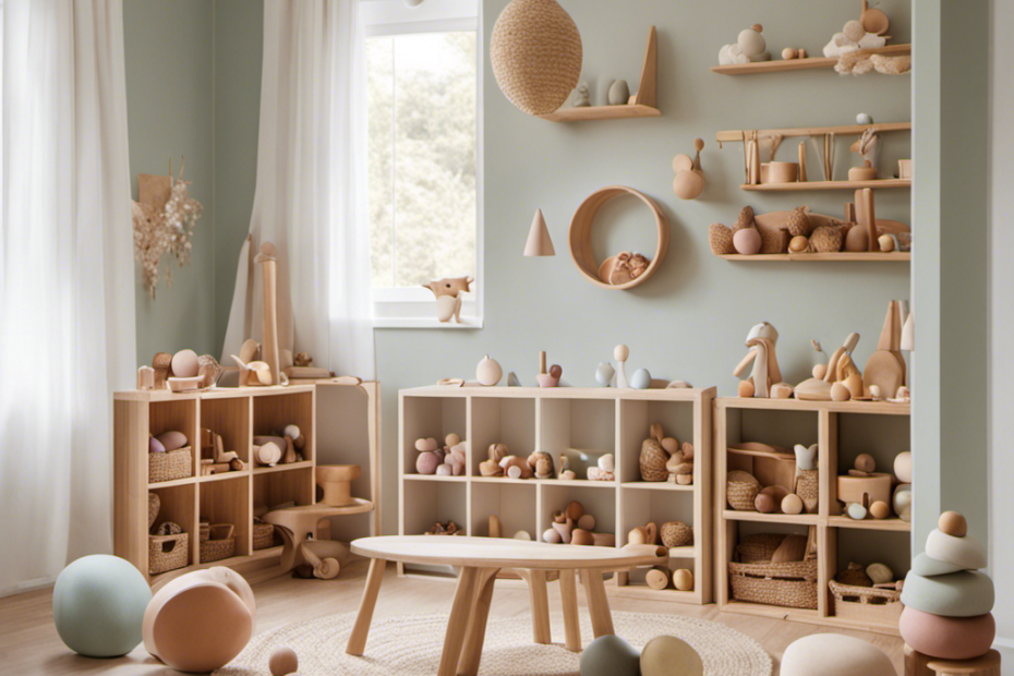 An image showcasing a serene, clutter-free playroom adorned with a carefully curated selection of Waldorf toys