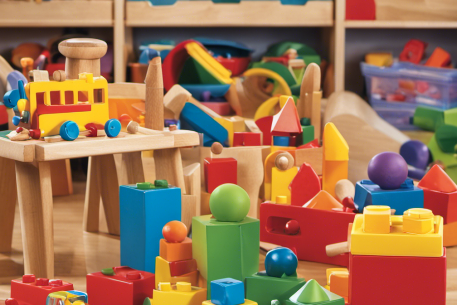 An image featuring a colorful preschool classroom filled with diverse age-appropriate toys, such as building blocks, puzzles, dolls, and art supplies, fostering creativity, cognitive development, and social interaction among children