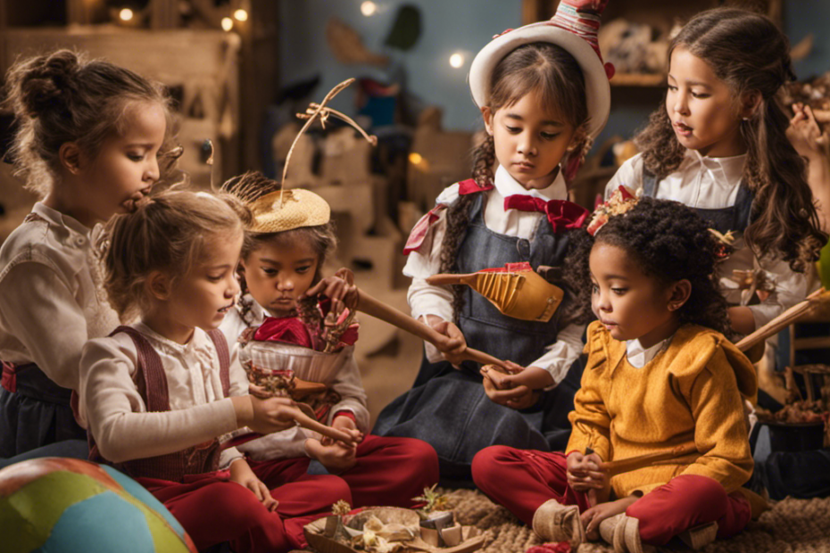 An image showcasing a group of children actively engaged in dramatic play, using various props and costumes, as they express their emotions, enhance their social skills, and develop their imagination