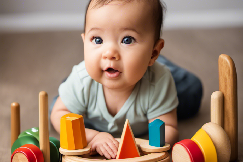 An image showcasing a newborn happily engaging with Montessori toys, surrounded by natural materials and vibrant colors