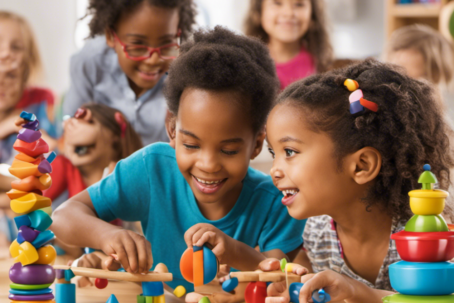 An image showcasing a diverse group of children engaged in play-based learning with colorful classroom toys, their faces beaming with joy and curiosity as they explore, problem-solve, and collaborate together