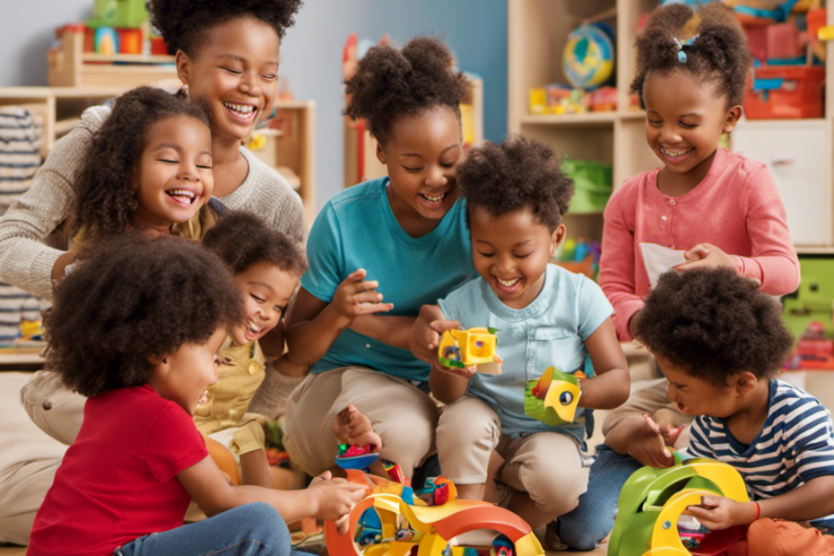 An image showcasing a diverse group of preschoolers engaged in meaningful play with talking toys, their joyful expressions reflecting enhanced language, social, imaginative, and emotional development