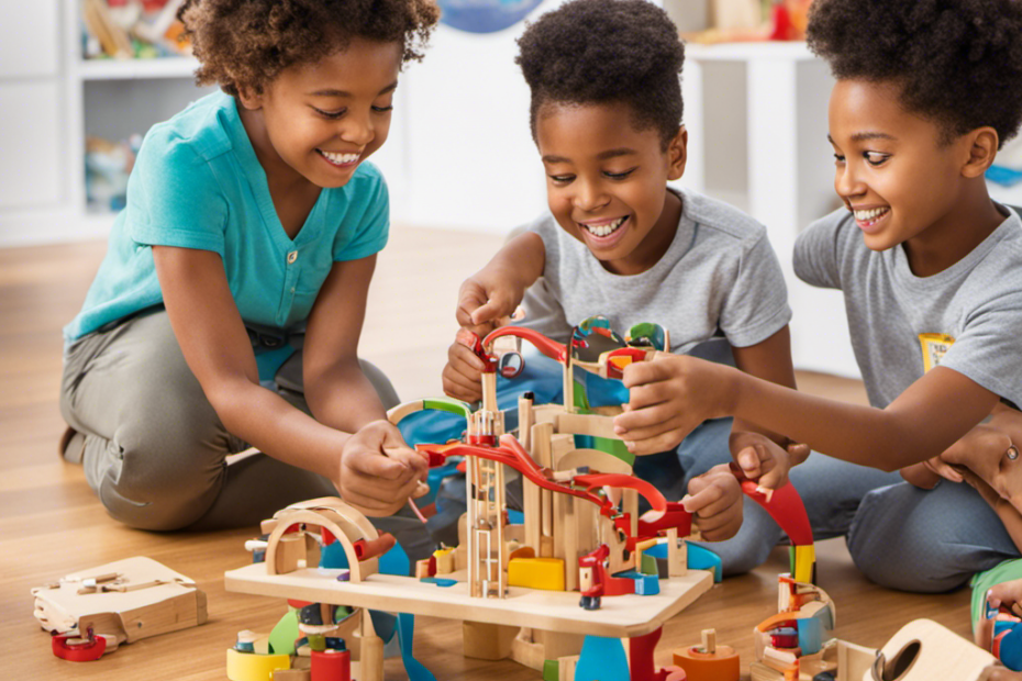 An image showcasing a diverse group of children passionately engaged with STEM toys, immersed in problem-solving, hands-on learning, and collaborative exploration, their faces beaming with excitement and creativity
