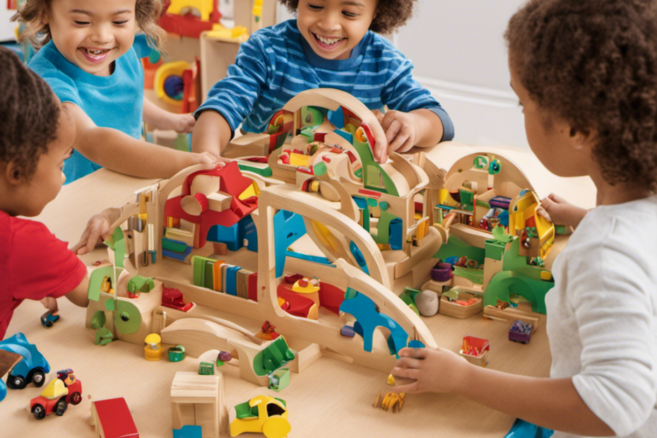 An image showcasing a group of enthusiastic preschoolers engrossed in imaginative play with a variety of table top toys, fostering cognitive development, social skills, and creativity