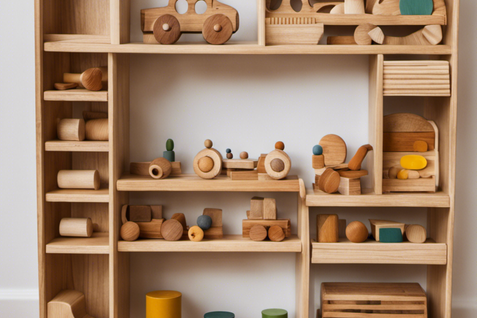 An image showcasing a wooden toy shelf in a Montessori classroom