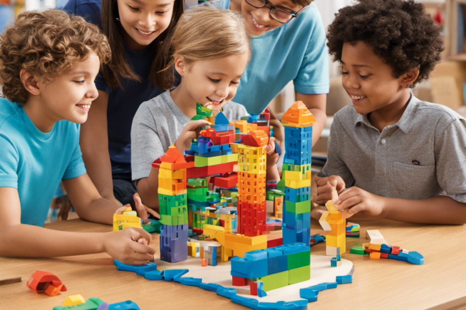 An image showcasing a diverse group of ten-year-olds engrossed in building intricate structures with colorful building blocks, magnetic tiles, and robotic kits, highlighting their hands-on learning and creative exploration in STEM