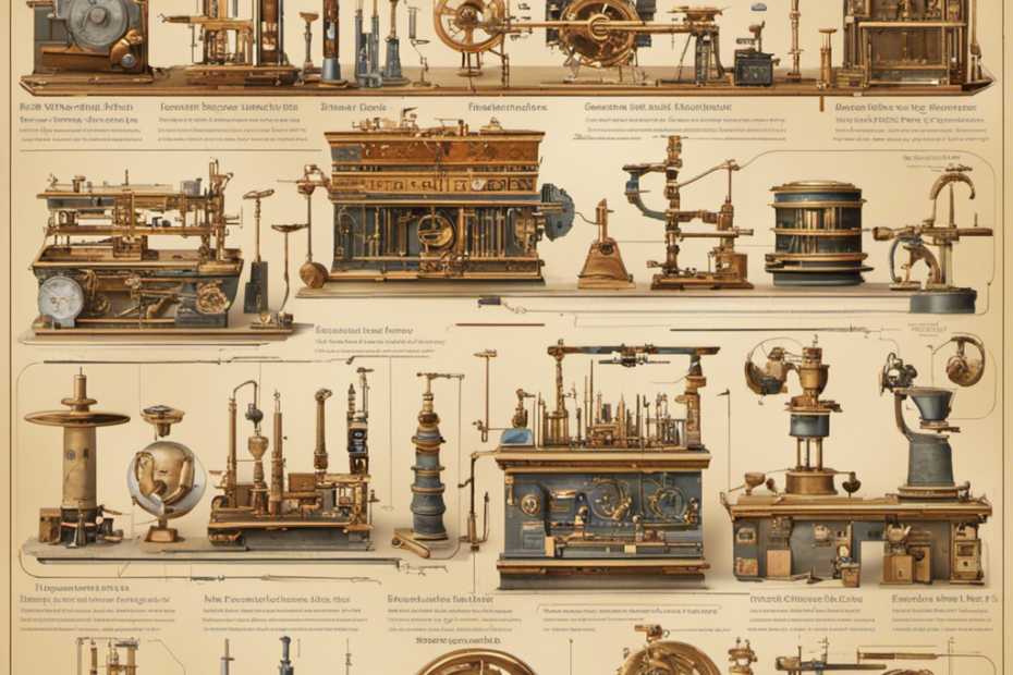 An image depicting a timeline of STEM toys, starting with ancient Greek mathematical tools and progressing through mechanical inventions of the Renaissance, electrical experiments of the 19th century, and modern robotic kits
