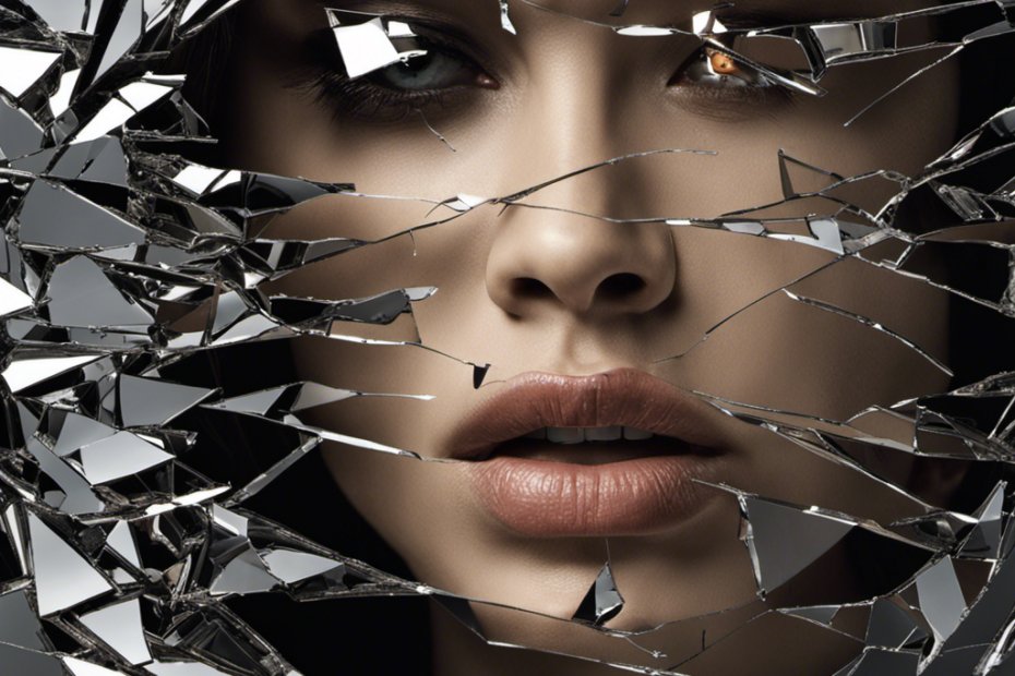 An image that portrays a shattered mirror, reflecting fragmented pieces of a person's face, symbolizing the emotional and cognitive damage caused by bullying