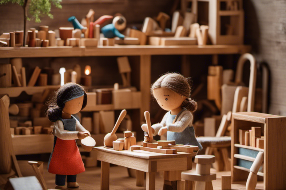 An image showcasing a wooden toy workshop bathed in warm, natural light