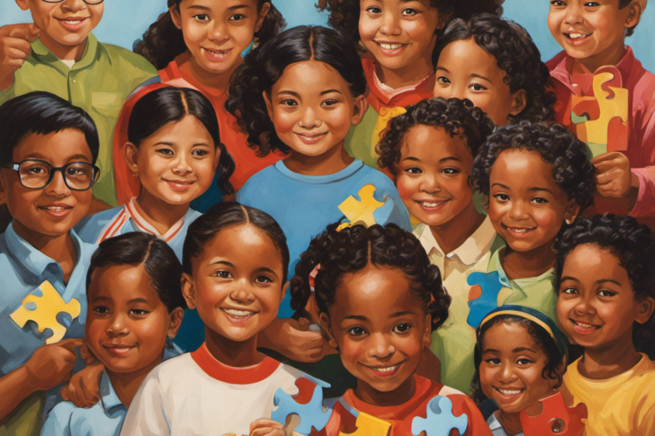 An image capturing the diverse faces of children, each holding a puzzle piece representing economic, language, identity, policies, and support