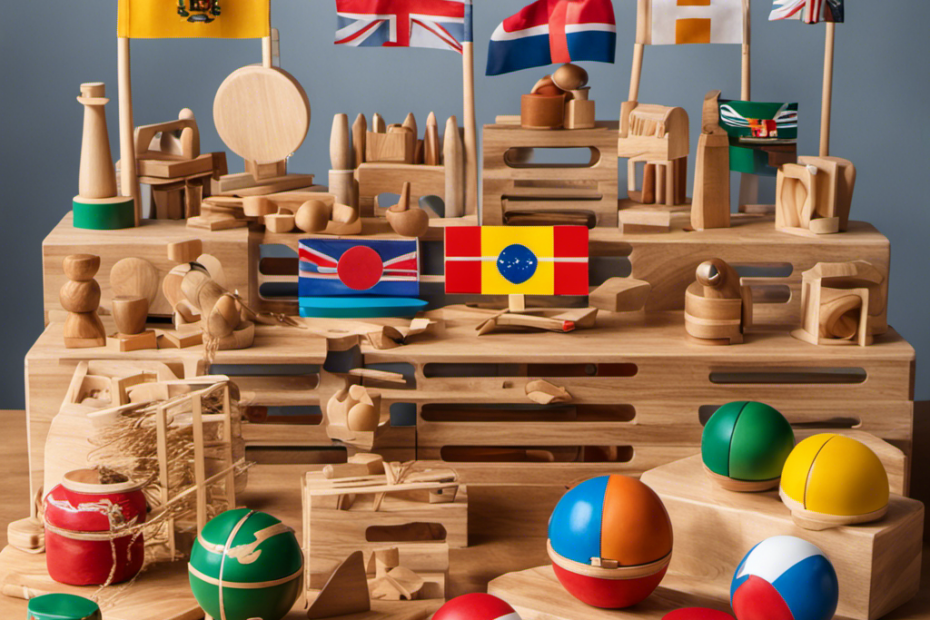An image showcasing a diverse array of Montessori toys, each labeled with the manufacturing country's flag, representing the global impact on quality, cultural influence, and craftsmanship in Project Montessori Toys