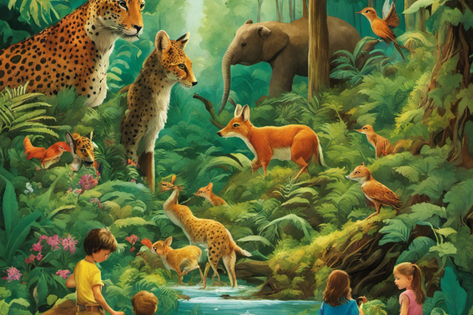 An image showcasing children immersed in a lush, vibrant forest, marveling at diverse wildlife, engaging in hands-on exploration, and collaborating with peers, highlighting how conservation nurtures cognitive growth and fosters essential social skills