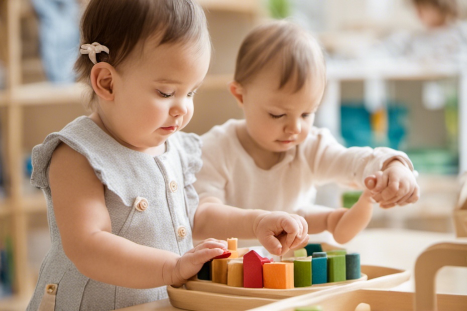 An image showcasing a serene Montessori classroom filled with natural light, where infants engage in hands-on activities, explore sensory materials, and develop independence through practical life exercises, fostering their holistic growth and cognitive development