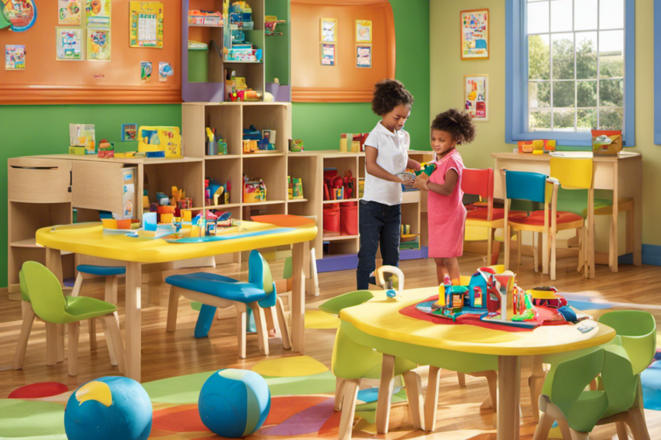 An image that showcases a brightly colored preschool classroom with children engaged in activities, while a teacher diligently sanitizes toys, wipes down tables, and disinfects surfaces, emphasizing the crucial role of regular cleaning and sanitization in maintaining a healthy environment