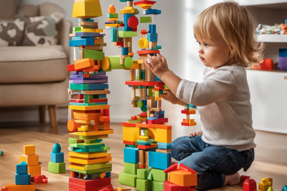 An image featuring a curious toddler engrossed in building a towering block structure, surrounded by colorful STEM toys like a microscope, robot, and magnet set