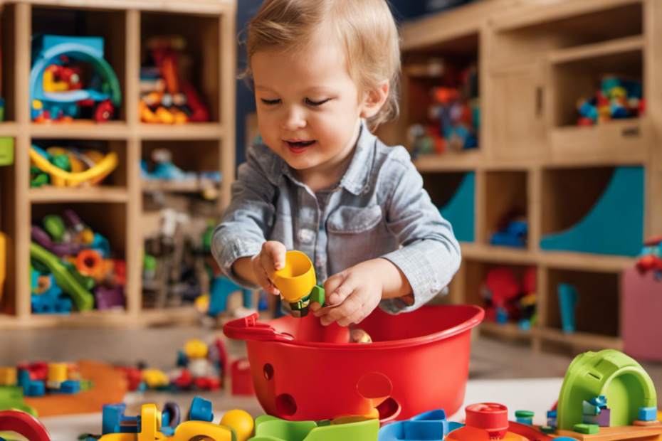 An image showcasing a vibrant playroom filled with colorful STEM toys, where a curious 2-year-old eagerly engages with a magnetic building set, a shape sorter, and a miniature microscope, fostering early cognitive development and igniting a passion for future success