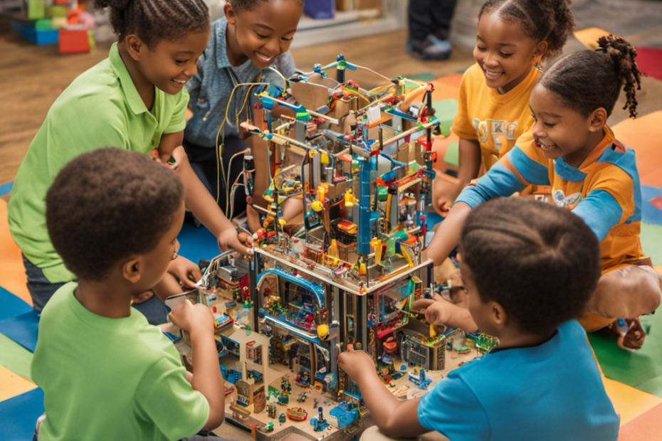 An image showcasing a diverse group of children engaged in hands-on activities with STEM toys, surrounded by bright colors, intricate circuitry, and complex building structures, highlighting the endless possibilities and importance of STEM education