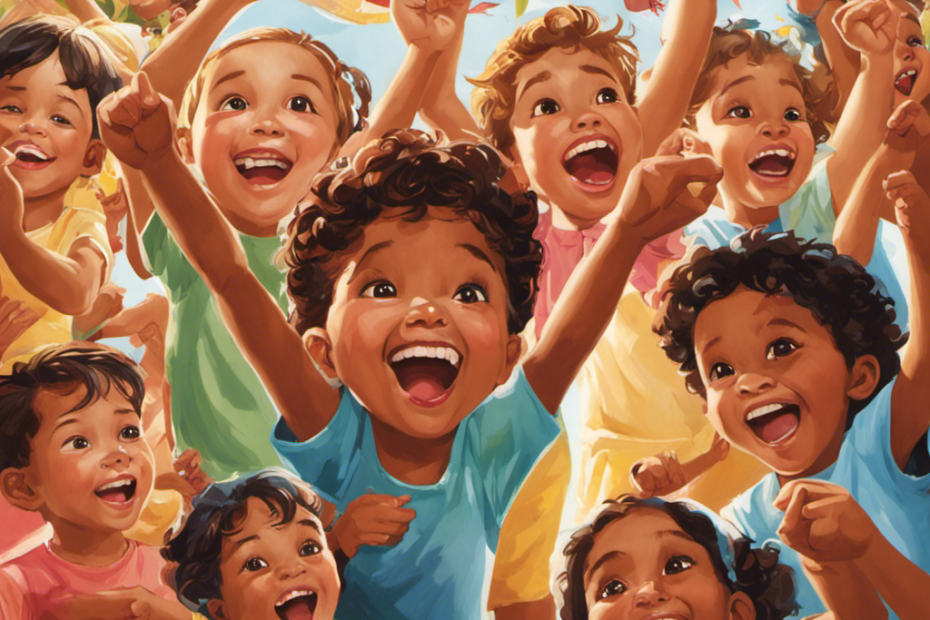 An image showcasing a joyful scene of children engaging in synchronized activities, their eyes gleaming with excitement