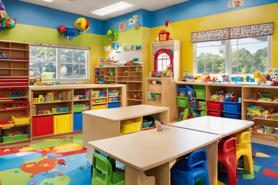 An image showcasing a colorful and neatly arranged preschool classroom with covered toys
