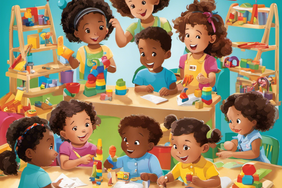 An image showcasing a diverse group of preschoolers actively engaged in a variety of hands-on activities, surrounded by an assortment of colorful, educational toys that foster imagination, curiosity, and social interaction
