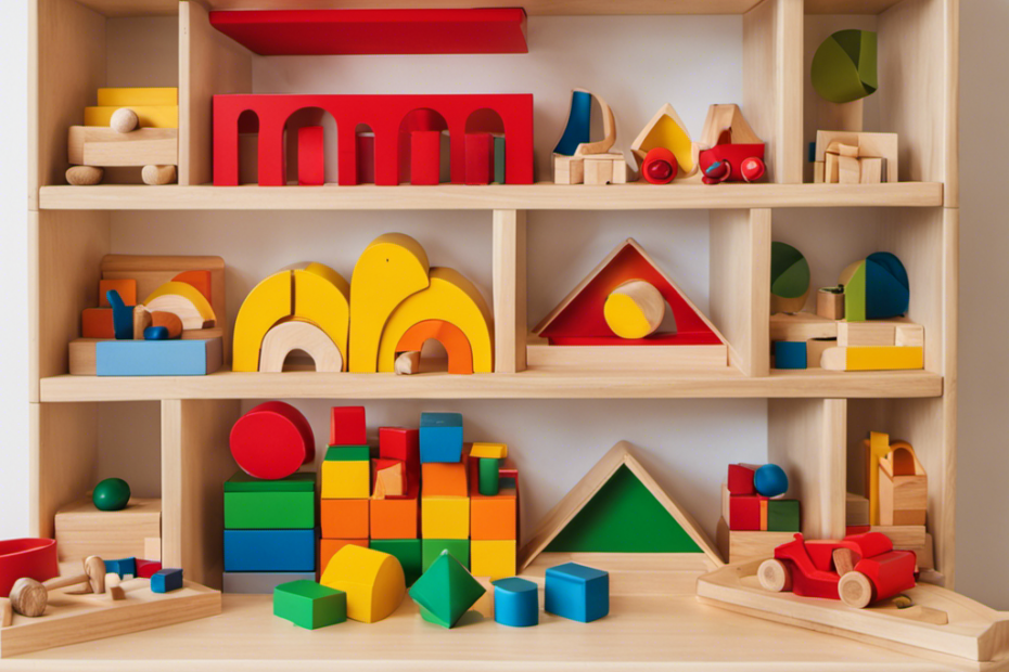 An image showcasing a neatly organized Montessori shelf, filled with colorful and engaging toys such as wooden blocks, puzzle boards, and sensory materials, inviting children to explore and learn independently