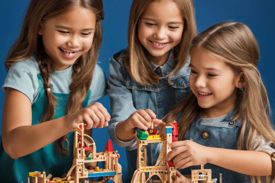 An image featuring a diverse group of children joyfully engaged with hands-on STEM toys, their faces beaming with excitement and curiosity as they explore, build, and problem-solve together