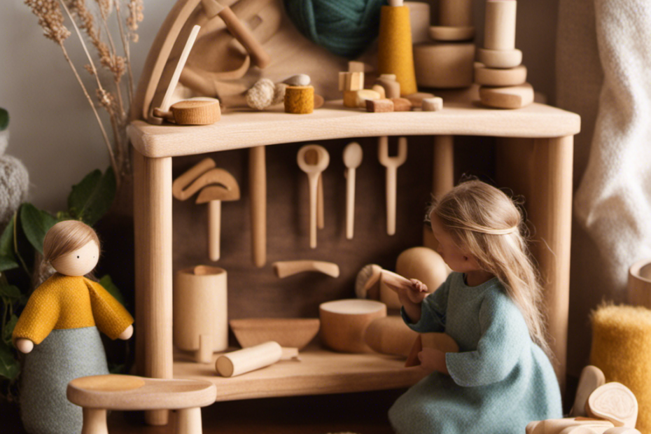 An image showcasing a wooden toy workshop, filled with natural materials like felt, beeswax, and smooth wooden blocks
