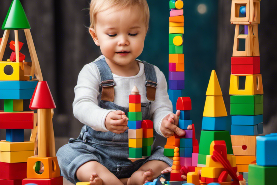 An image of a toddler sitting cross-legged, engrossed in building a colorful tower with educational blocks, their eyes sparkling with excitement, surrounded by a variety of stimulating toys and tools