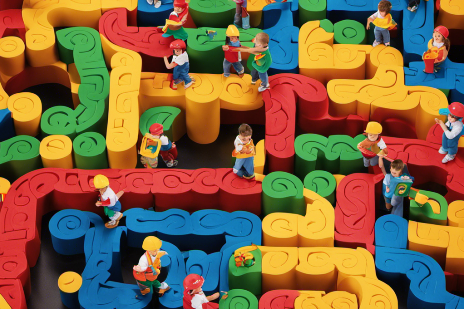 An image showcasing a group of children enthusiastically building a colorful, intricate maze using educational toys