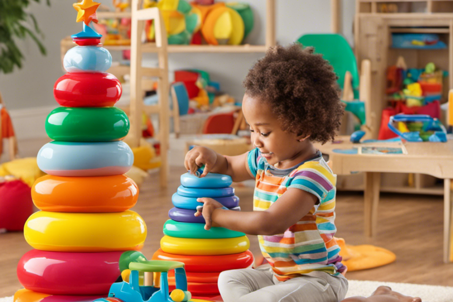 An image showcasing a bright, colorful playroom filled with engaging educational toys for preschoolers