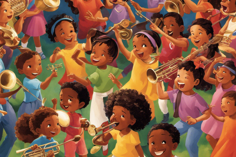 An image that portrays a diverse group of children engaged in various activities such as dancing, playing instruments, and singing, capturing the transformative and holistic effects of music on their cognitive, emotional, social, and physical development