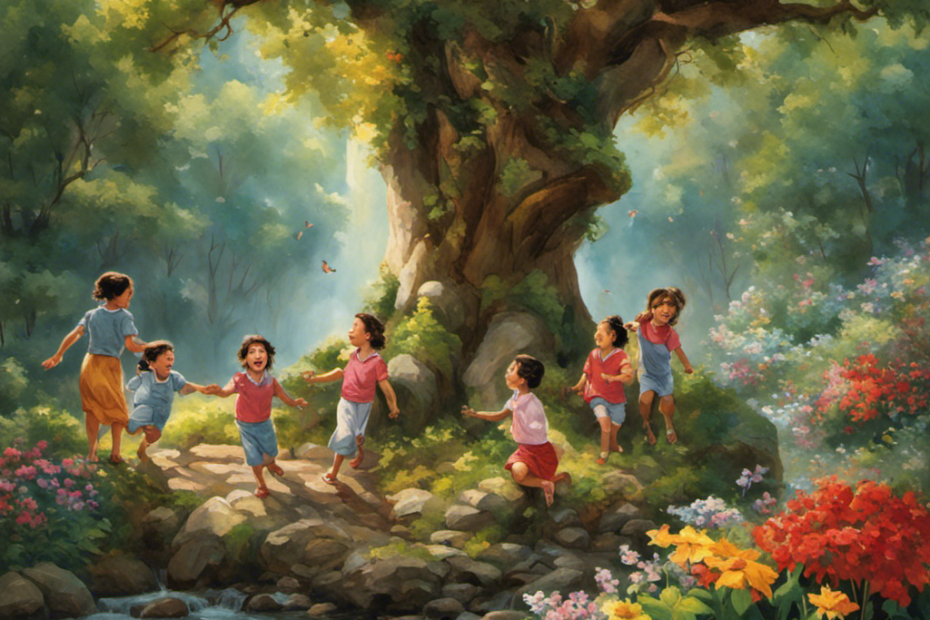 An image of a group of children laughing and playing together under a towering tree, surrounded by vibrant flowers and a gentle stream