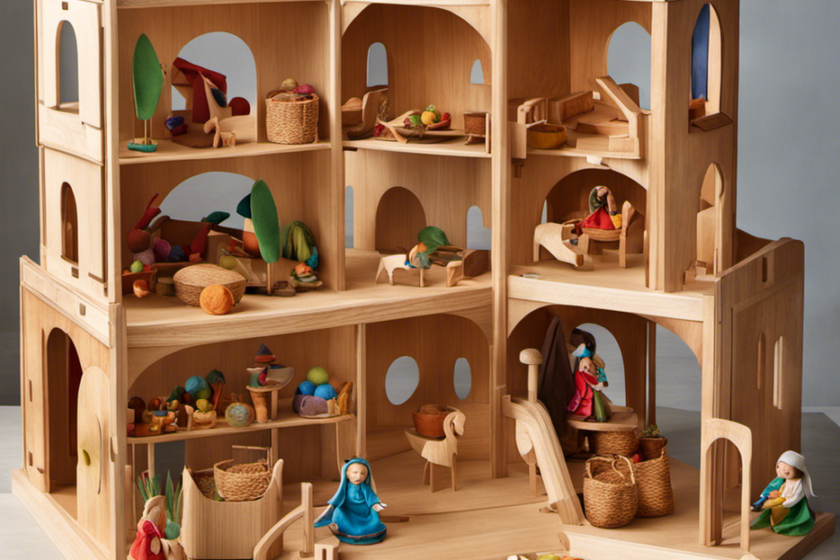 An image capturing the enchanting scene of children deeply engaged in imaginative play with open-ended Waldorf toys: a wooden castle, a basket of silk scarves, and a collection of colorful wooden animals