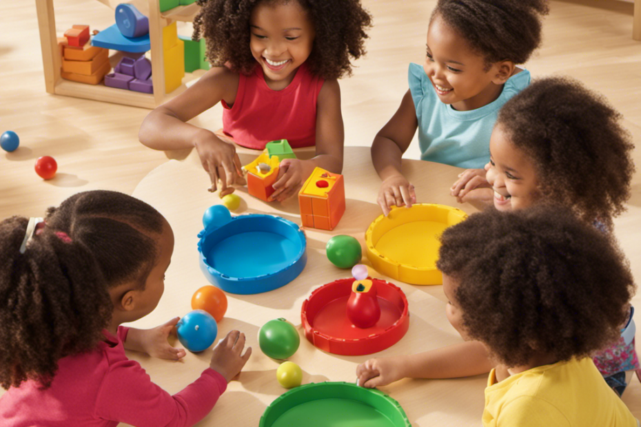 An image showcasing a diverse group of preschoolers joyfully engaged in educational play, surrounded by vibrant, interactive toys that foster creativity, problem-solving, and cognitive development
