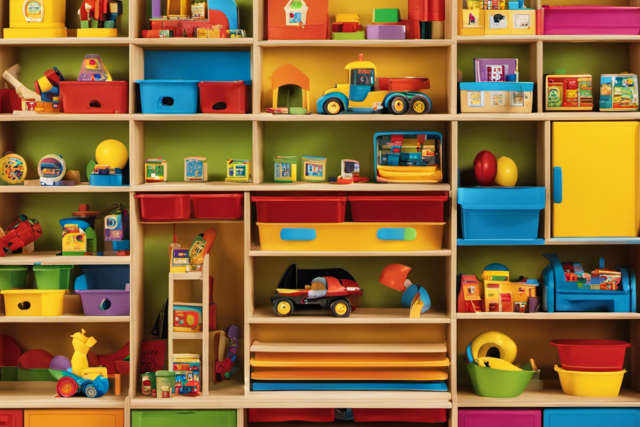 An image showcasing a colorful toy shelf filled with educational toys such as building blocks, puzzles, art supplies, and pretend play costumes, inviting preschoolers to explore and learn through play