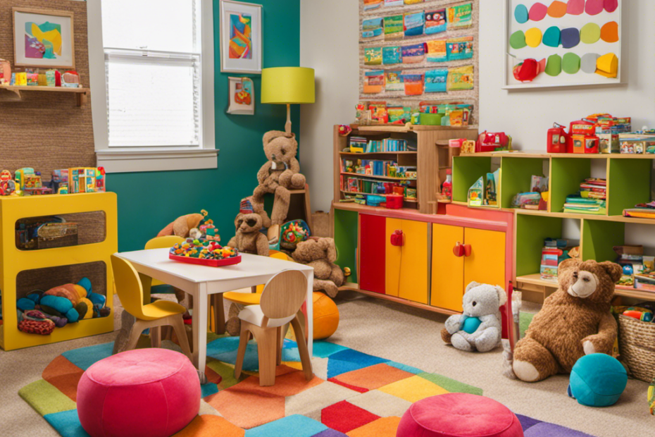 An image showcasing a vibrant playroom with a diverse array of essential toys for preschoolers: a cozy reading nook with stuffed animals, a colorful building block set, a pretend kitchen with play food, and a sensory table filled with sand and water
