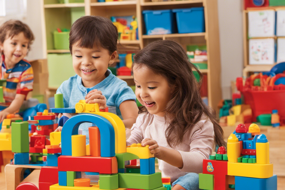 An image showcasing a colorful, bustling preschool classroom filled with children engaged in various play activities like building blocks, painting, storytelling, and imaginative role-playing, highlighting the transformative power of toys in early education
