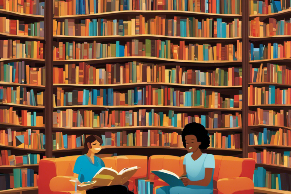 An image that showcases a diverse group of individuals engrossed in reading, surrounded by a vibrant library filled with shelves of books from various genres, symbolizing the transformative impact of reading on cognitive, emotional, and cultural development